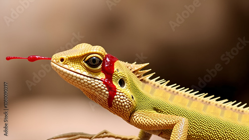 Horned lizard squirting blood from eyes, defensive behavior: A horned lizard exhibits its bizarre defensive behavior, squirting blood from its eyes to deter predators in a dramatic display of photo