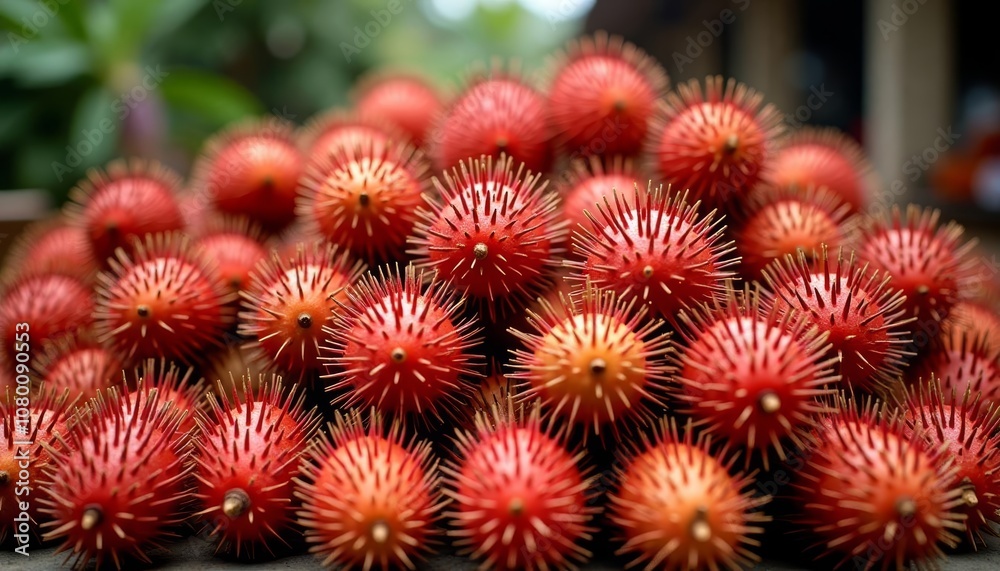 Spiky red fruits in a pile closeup Spiky red fruits in a pile closeup
