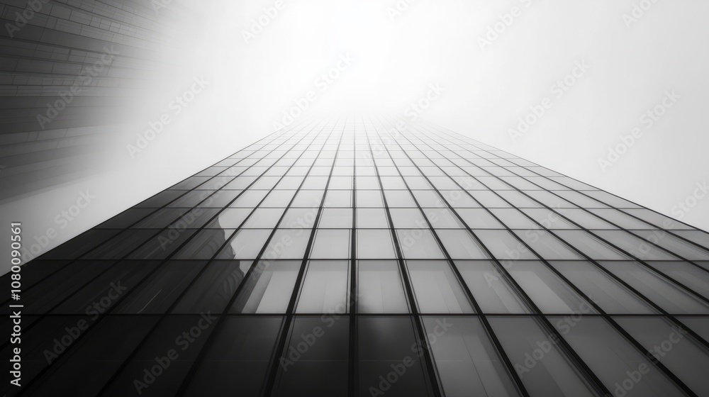 A modern glass tower with angular architecture, viewed from below, reflecting the sky and surroundings.