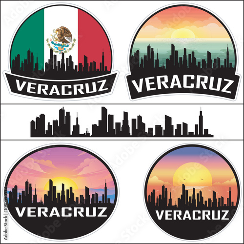 Veracruz Mexico Flag Skyline Cityscape Silhouette Travel Souvenir Sticker Sunset Isolated Vector