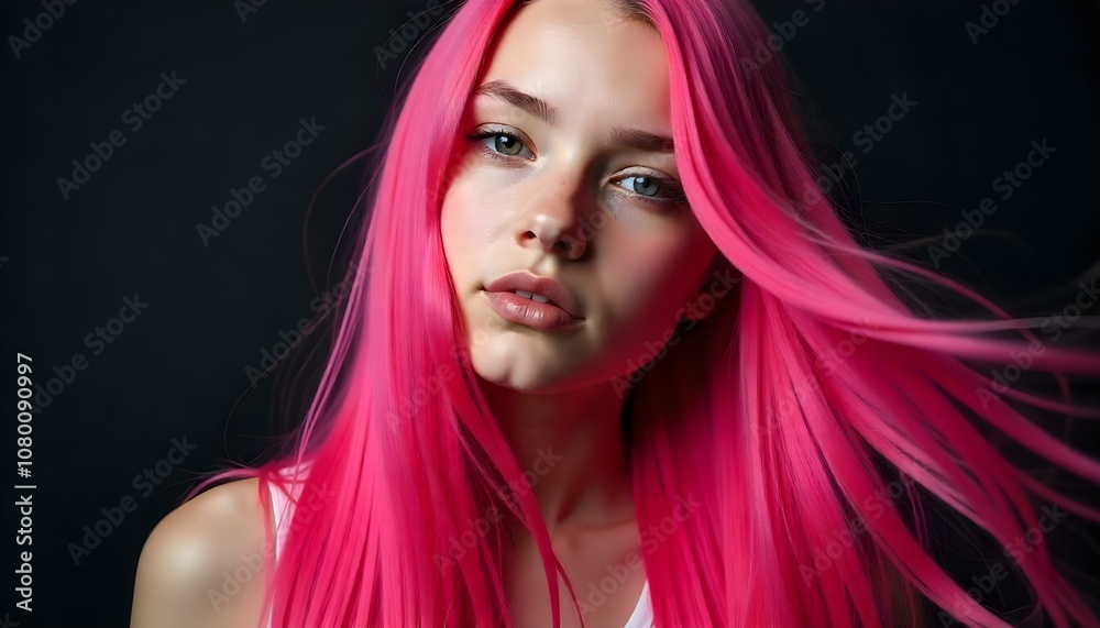 Teenage girl with long, vibrant silky pink hair flowing dramatically Teenage girl with long, vibrant silky pink hair flowing dramatically