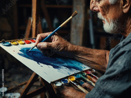 Close-Up of an Experienced Old Male Painter Drawing a Masterpiece – Detailed Hand Shot of the Creative Painting Process.