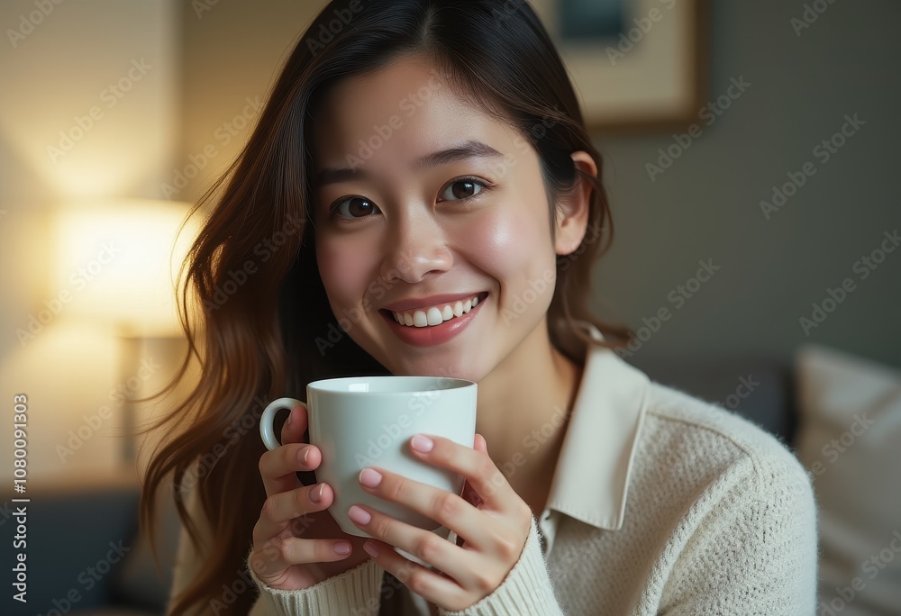 Young asian woman relaxing in the living room with coffee, holding coffee cup, close-up looking at camera Young asian woman relaxing in the living room with coffee, holding coffee cup, close-up looking at camera