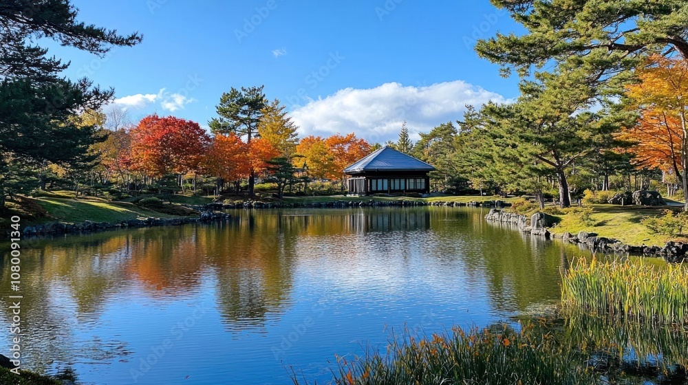 Tranquil landscape featuring a serene pond, autumn foliage, and a traditional structure.