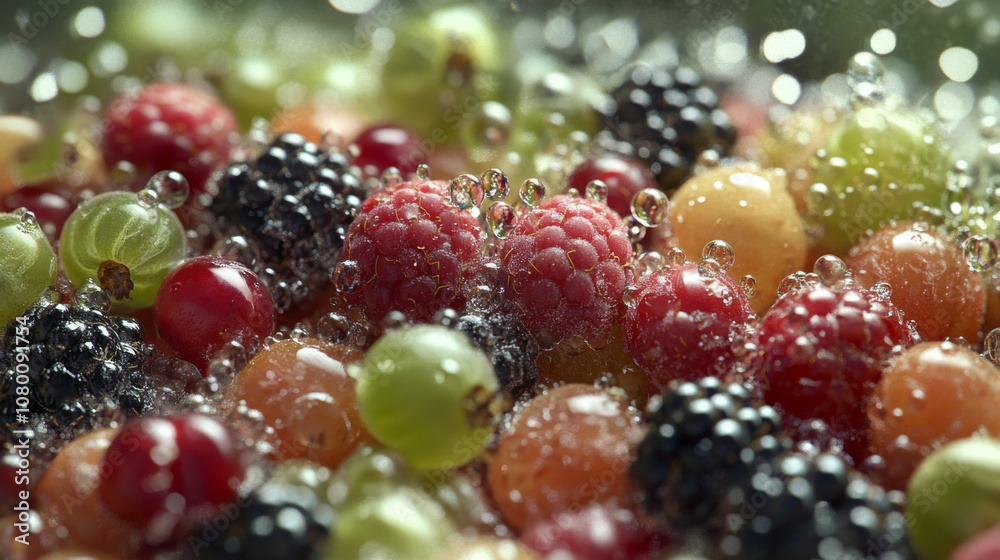 A colorful mix of berries, like raspberries, strawberries, blackcurrants, and blackberries, look extra juicy with tiny water droplets on them. A colorful mix of berries, like raspberries, strawberries, blackcurrants, and blackberries, look extra juicy with tiny water droplets on them.