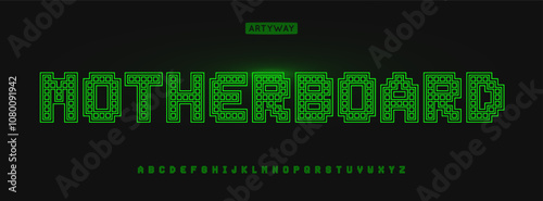 Green pixelated alphabet, cybernetic letters, Y2K retro font for digital modern logo, emphasis headline, contemporary typography, circuirity typographic design. Vector typeset.