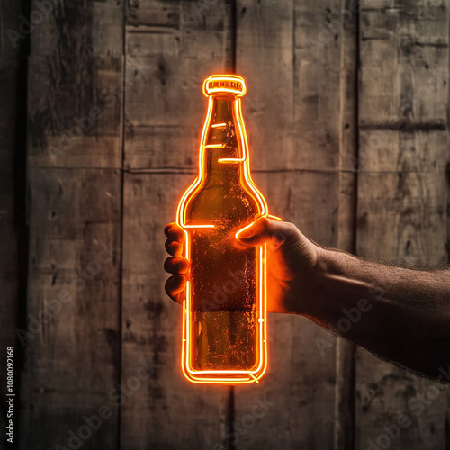 Neon Beer Bottle Illustration with Hand Holding Design in Vibrant Colors for Party Themes photo