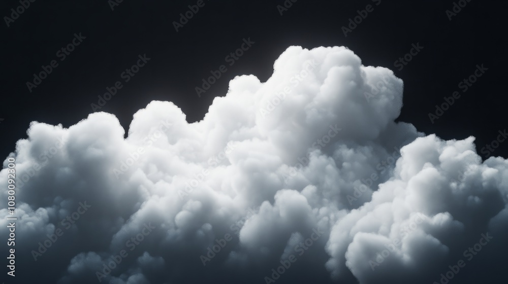 Puffy white cloud isolated on a solid black backdrop, illuminated to show off its fluffy shape Puffy white cloud isolated on a solid black backdrop, illuminated to show off its fluffy shape