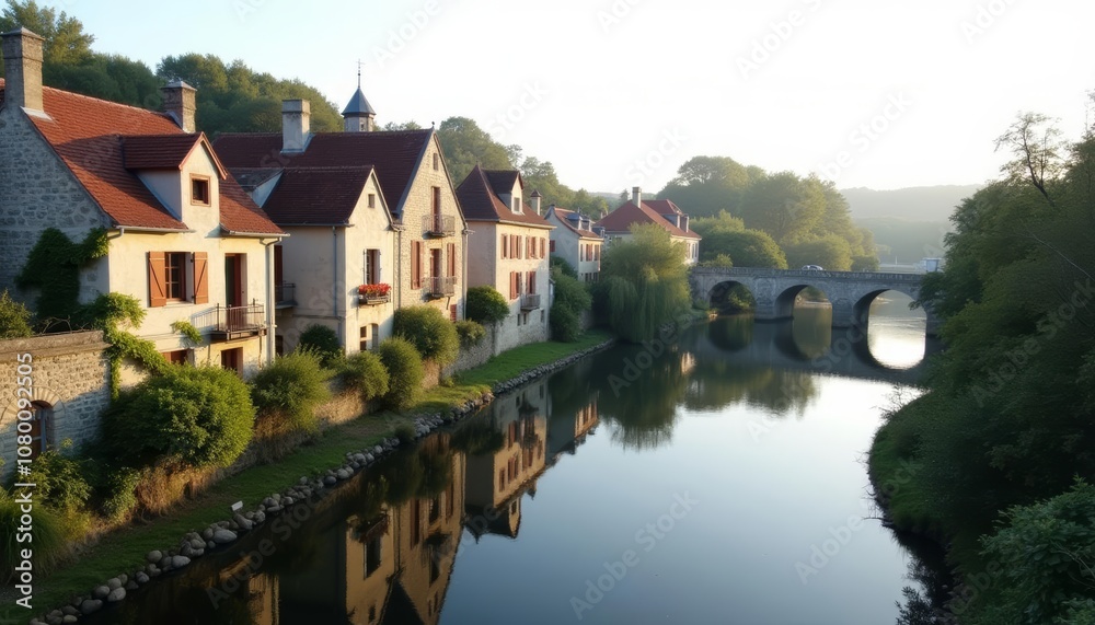 Tranquil riverside village at sunrise Tranquil riverside village at sunrise