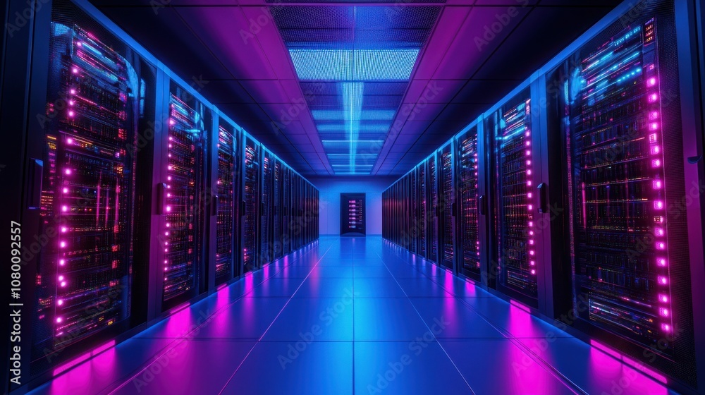 Rows of servers in a data center with blue and pink lighting. Rows of servers in a data center with blue and pink lighting.