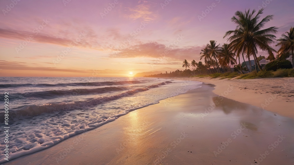 A serene tropical beach at sunset, with palm trees silhouetted against the vibrant sky and gentle waves lapping at the shore. A serene tropical beach at sunset, with palm trees silhouetted against the vibrant sky and gentle waves lapping at the shore.