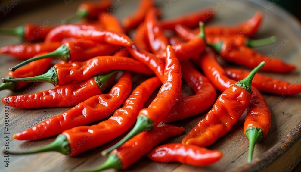 Freshly harvested red chili peppers on a wooden surface Freshly harvested red chili peppers on a wooden surface