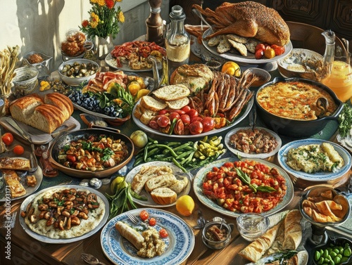 A large table spread with a variety of food, including roasted chicken, bread, vegetables, and desserts.