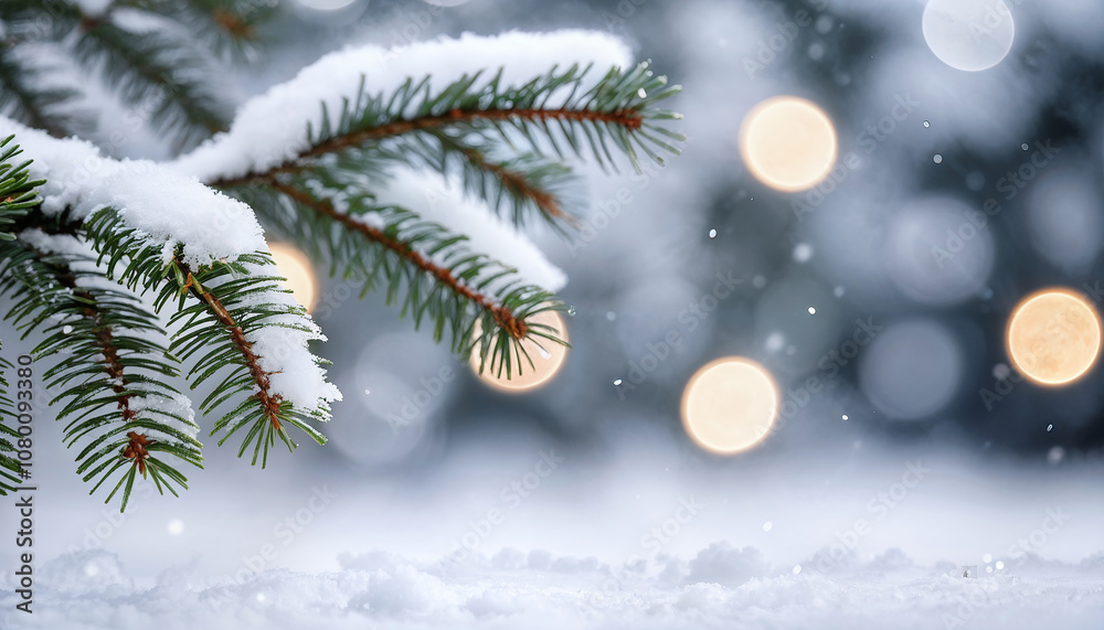 fir branch in snow with bokeh lights on the background and free space for text fir branch in snow with bokeh lights on the background and free space for text