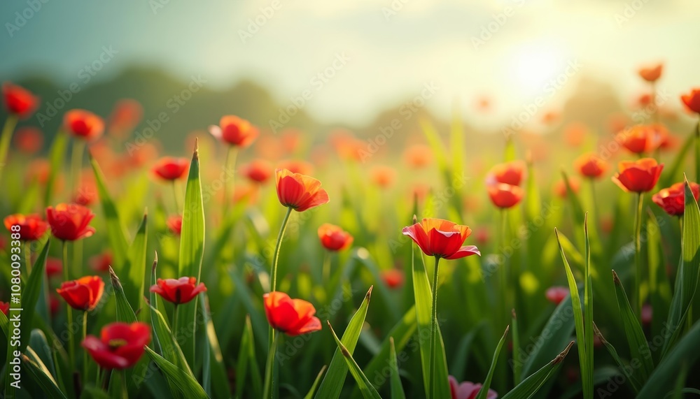 Blooming in the Sunlight A Field of Red Tulips Blooming in the Sunlight A Field of Red Tulips