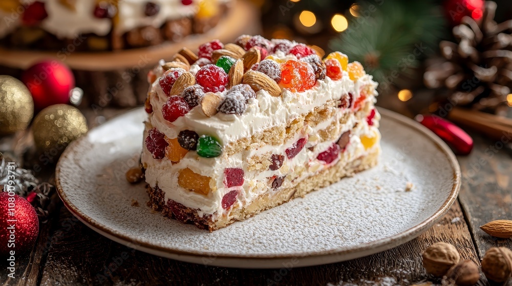 One slice of decorated Spanish Three Kings cake on a white plate, topped with colorful fruits and almonds, with festive ornaments and holiday decor around