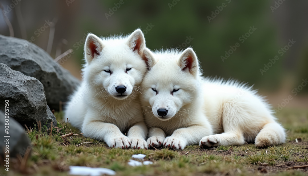Two white puppies sitting on grass next to a rock. Two white puppies sitting on grass next to a rock.