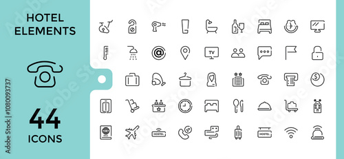Set of Hotel Elements line icons. Containing reception, hoover, vacuum cleaner, passport, vacation, key, hairdresser and more. Minimalistic web and UI icons. Editable stroke. Vector illustration.