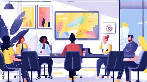 A modern meeting room with diverse individuals engaged in a discussion.