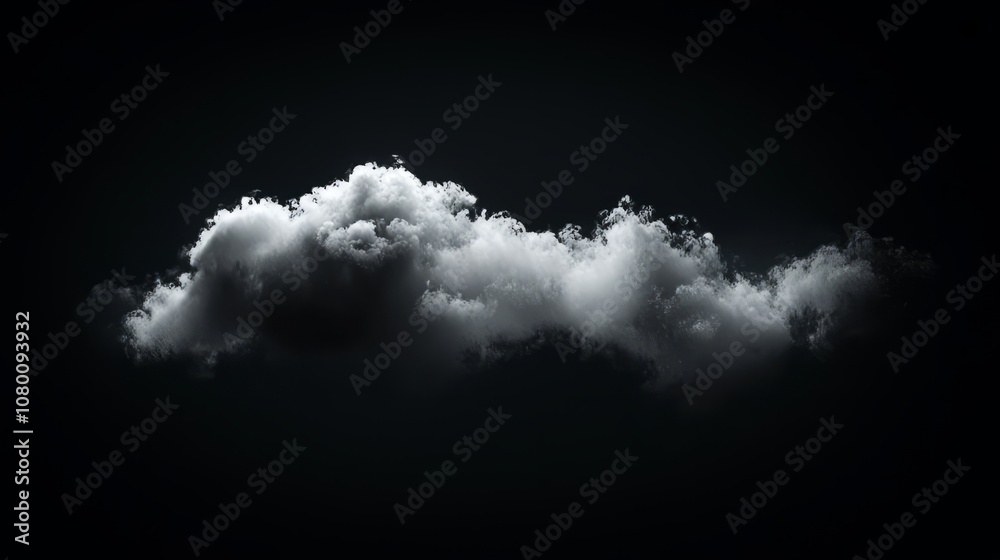 Realistic fluffy white cloud illuminated against a black background, soft wisps curling at the edges Realistic fluffy white cloud illuminated against a black background, soft wisps curling at the edges