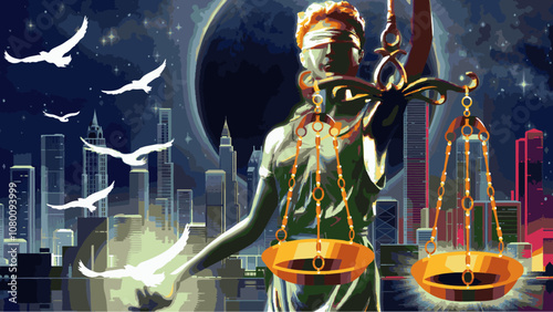 Lady-Justice with City Skyline, doves and beautiful sky. 