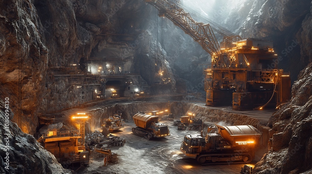 Colossal Mining Equipment Towering Haul Trucks and Ore Crushers in a Remote Quarry Landscape Colossal Mining Equipment Towering Haul Trucks and Ore Crushers in a Remote Quarry Landscape