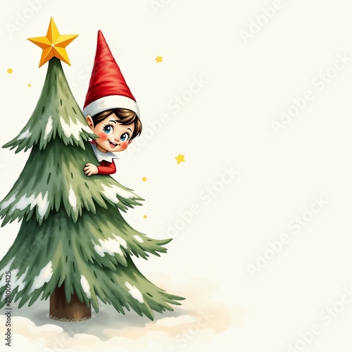 Playful little Elf in a Christmas hat peeking from behind a snowy tree with a star
