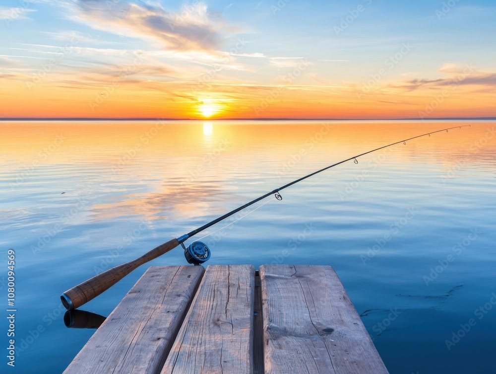 A serene sunset view over calm waters with a fishing rod resting on a wooden dock, creating a tranquil atmosphere. A serene sunset view over calm waters with a fishing rod resting on a wooden dock, creating a tranquil atmosphere.