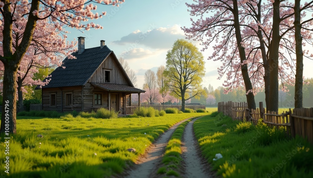 Idyllic rural retreat with blooming trees and a charming wooden cottage Idyllic rural retreat with blooming trees and a charming wooden cottage