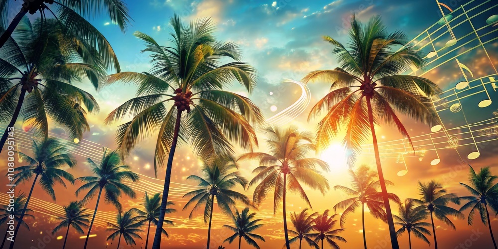 Tropical Sunset Symphony Palm Trees and Musical Notes at Dusk Tropical Sunset Symphony Palm Trees and Musical Notes at Dusk