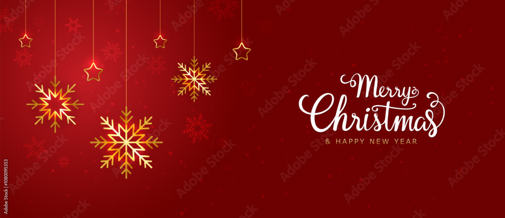 Naklejka premium Merry Christmas and happy new year background. Luxury golden snowflakes and stars hanging. Christmas element for web, banners, greeting card, flyer,cover, template design. Vector EPS10.