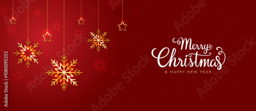 Merry Christmas and happy new year background. Luxury golden snowflakes and stars hanging. Christmas element for web, banners, greeting card, flyer,cover, template design. Vector EPS10.