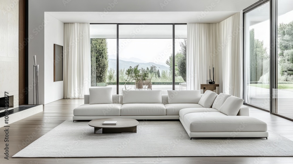 A modern minimalist white sofa with sleek lines, set in a spacious living room. A modern minimalist white sofa with sleek lines, set in a spacious living room.