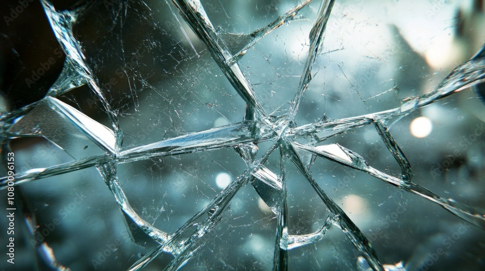 Shattered glass with scattered fragments, sharp reflections, and light scattering Shattered glass with scattered fragments, sharp reflections, and light scattering