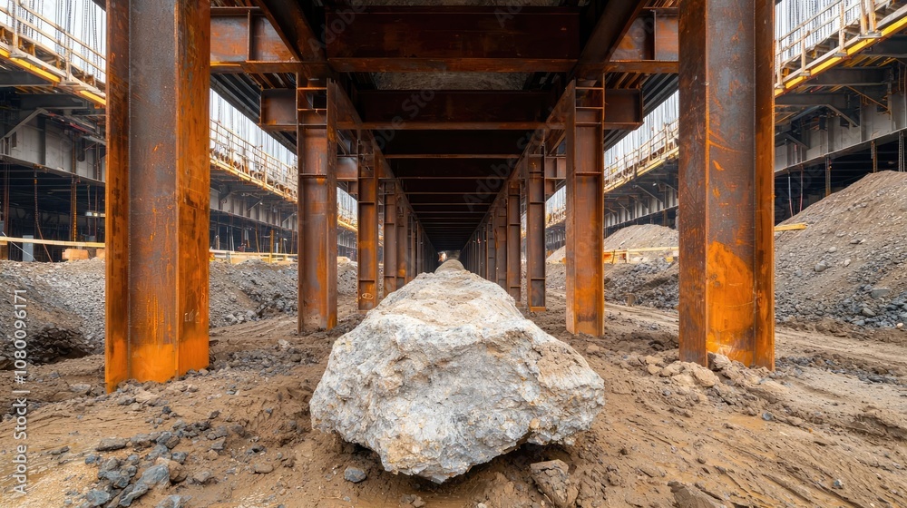 Large rock on construction site with metal beams and dirt background. Large rock on construction site with metal beams and dirt background.
