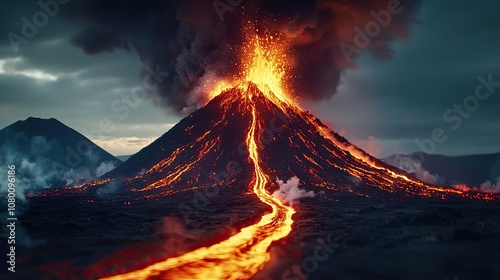 Erupting volcano with lava flow against a dramatic stormy sky.