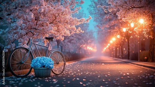 A peaceful nighttime scene along a deserted street lined with cherry blossom trees in full bloom, with branches decorated in shades of soft peach and rose pink. 