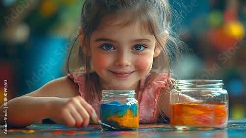 Young Girl with Blue and Orange Paint Jars photo