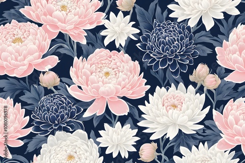 Japanese inspired peony and chrysanthemum pattern in soft pink white and navy blue, Ai Generated photo