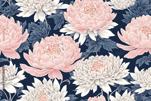 Japanese inspired peony and chrysanthemum pattern in soft pink white and navy blue, Ai Generated photo