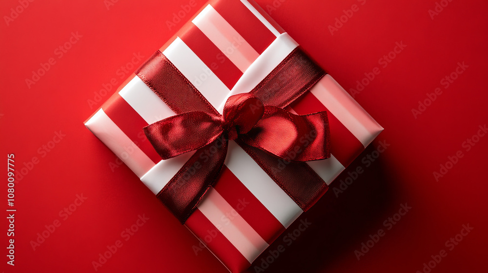 A red gift box with white stripes and a red satin ribbon, shown from above on a red background. There's space around it for text. A red gift box with white stripes and a red satin ribbon, shown from above on a red background. There's space around it for text.