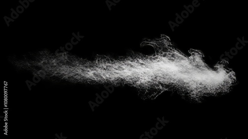 Soft cloud of white dust dispersing into a black background, with intricate details in the particles