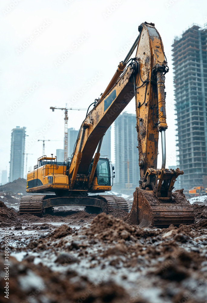 Excavator works on a rugged construction site, emphasizing industry and machinery. Excavator works on a rugged construction site, emphasizing industry and machinery.