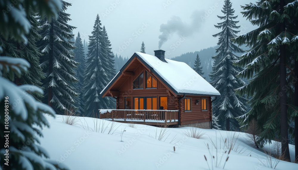 Winter Cabin in Snowy Forest Landscape
