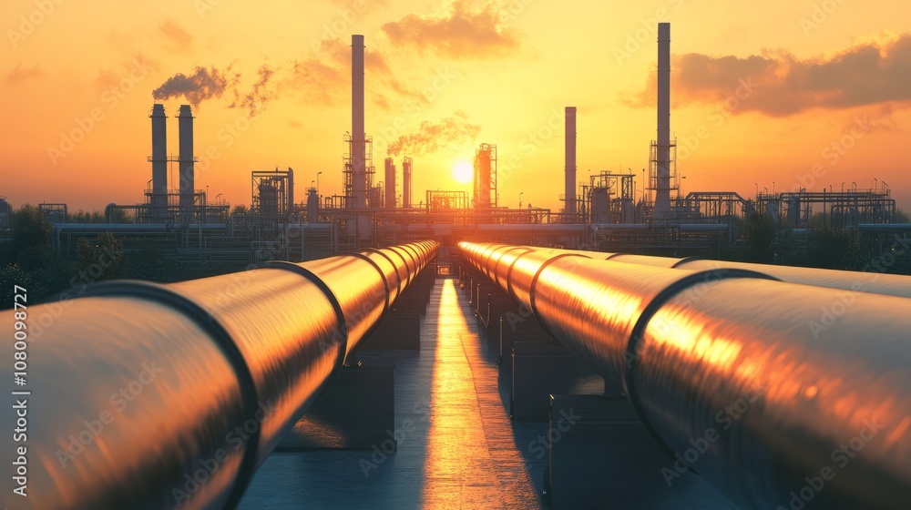 A modern oil refinery at sunset, with oil tanks and pipelines stretching into the distance. without people A modern oil refinery at sunset, with oil tanks and pipelines stretching into the distance. without people
