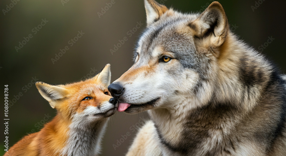 Fototapeta premium Friendship and love photos that don't require animal species (Gray wolf, red fox)
