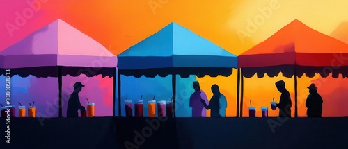 Wallpaper Mural Colorful Market Stalls with Silhouette People and Drinks Torontodigital.ca