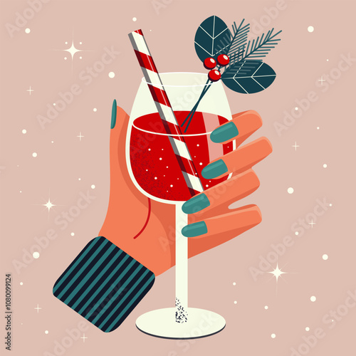 Hand holds glass with festive drink decorated with fir branch, viburnum berries and straw. Glass of wine in hand. Flat illustration.