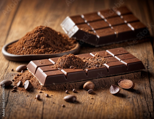 Broken dark chocolate bar and cocoa powder on a brown table. Valentine advertising