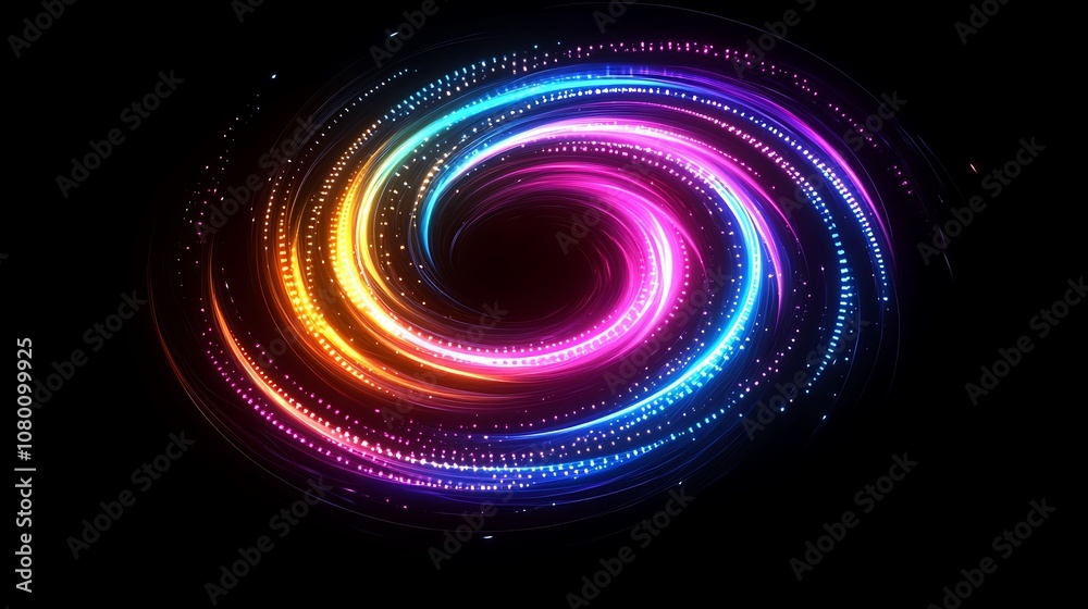 Abstract digital swirl with glowing neon lights forming a vortex of color. Abstract digital swirl with glowing neon lights forming a vortex of color.